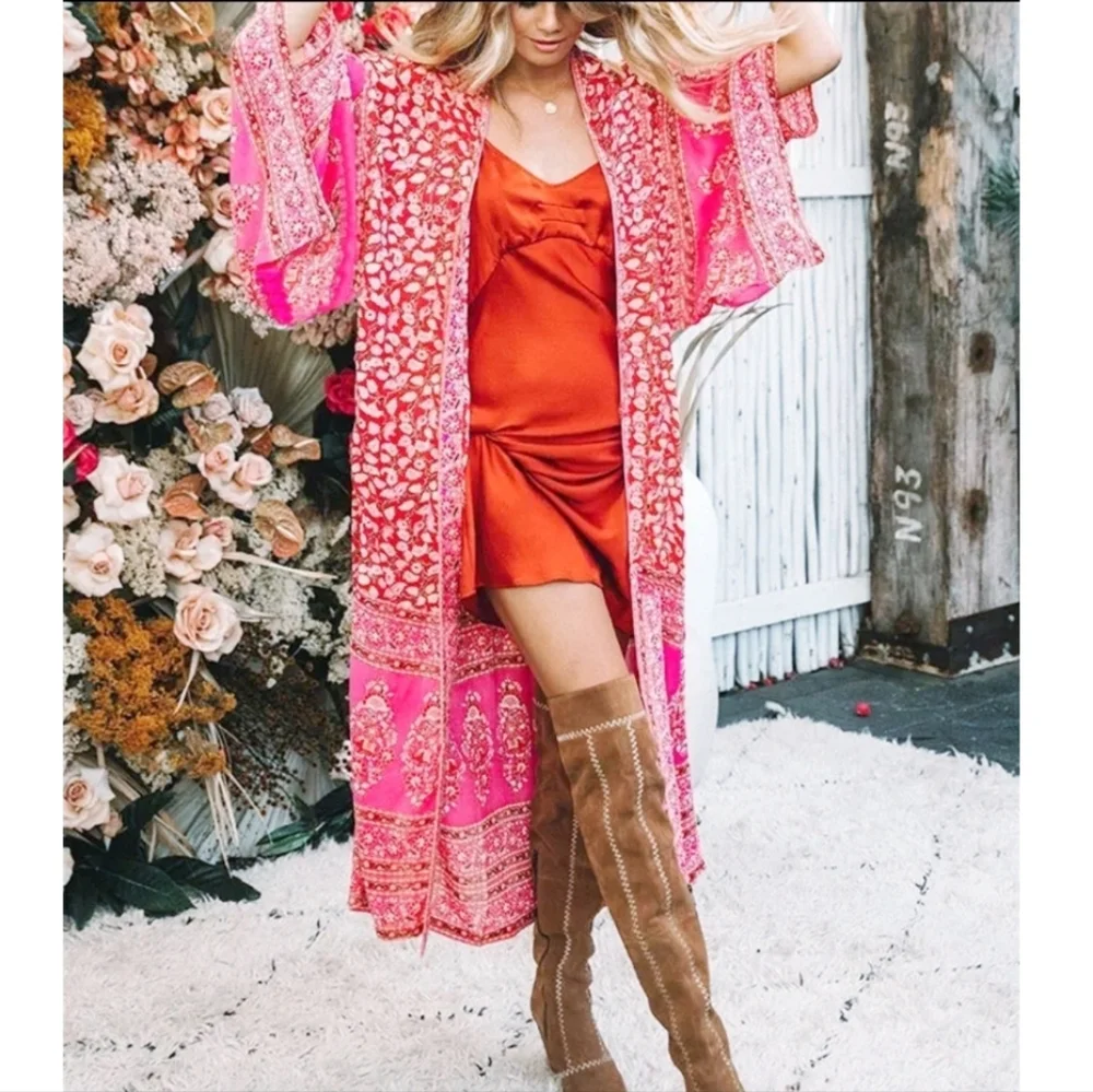 New Boho Peasant Floral Sheer Kimono Maxi Duster Jacket Cardigan Red Pink - Picture 3 of 11
